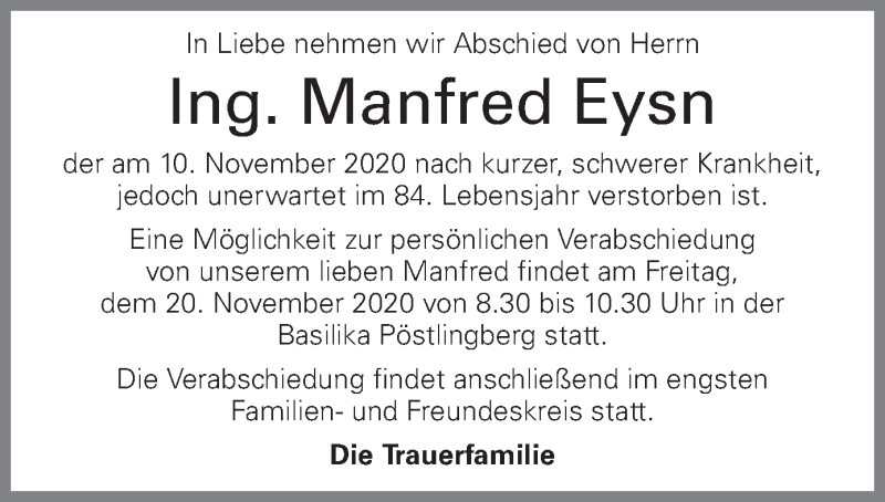  Traueranzeige für Manfred Eysn vom 14.11.2020 aus OÖNachrichten
