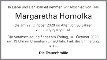 Traueranzeige von Margaretha Homolka von OÖNachrichten