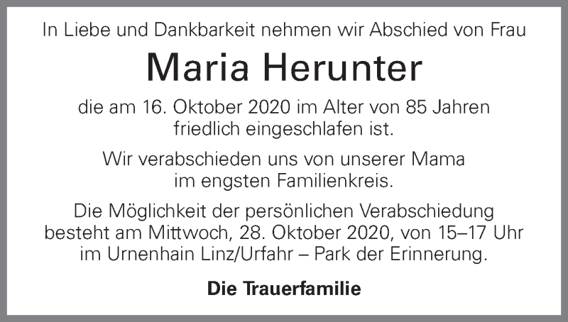  Traueranzeige für Maria Herunter vom 22.10.2020 aus OÖNachrichten