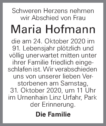 Traueranzeige von Maria Hofmann von OÖNachrichten