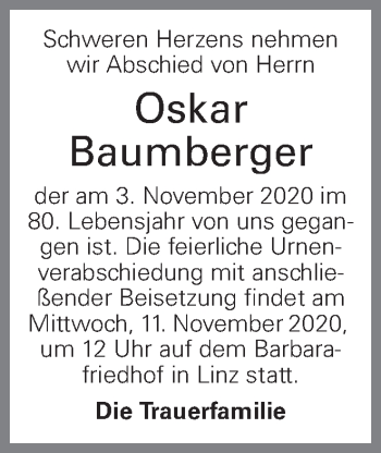 Traueranzeige von Oskar Baumberger von OÖNachrichten