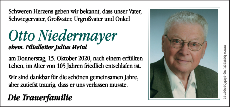  Traueranzeige für Otto Niedermayer vom 29.10.2020 aus OÖNachrichten