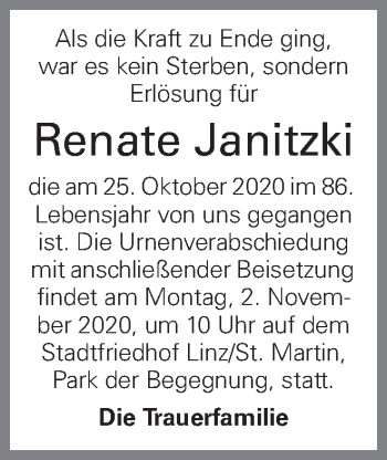 Traueranzeige von Renate Janitzki von OÖNachrichten