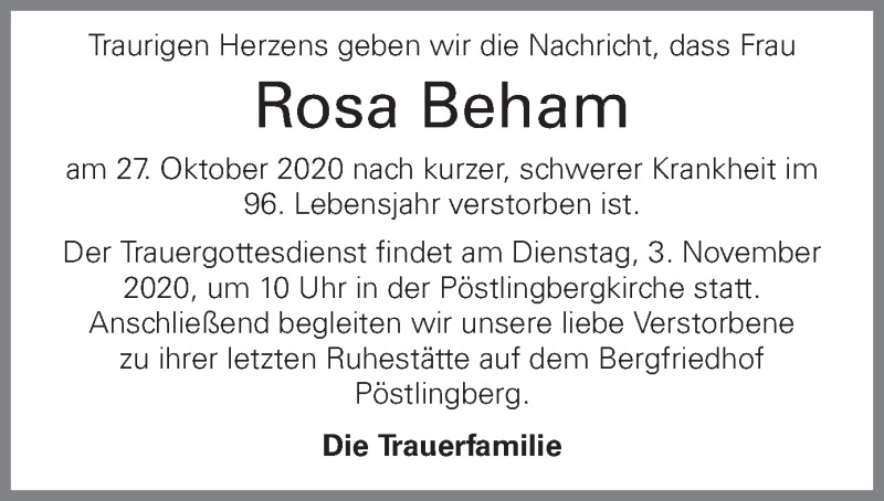  Traueranzeige für Rosa Beham vom 31.10.2020 aus OÖNachrichten