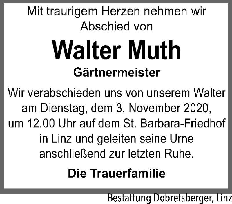  Traueranzeige für Walter Muth vom 31.10.2020 aus OÖNachrichten