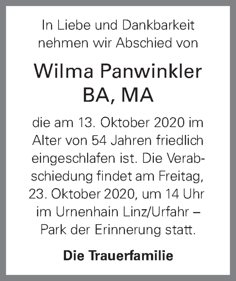  Traueranzeige für Wilma Panwinkler vom 20.10.2020 aus OÖNachrichten