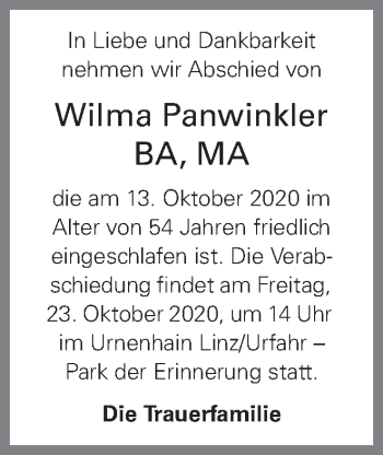 Traueranzeige von Wilma Panwinkler von OÖNachrichten