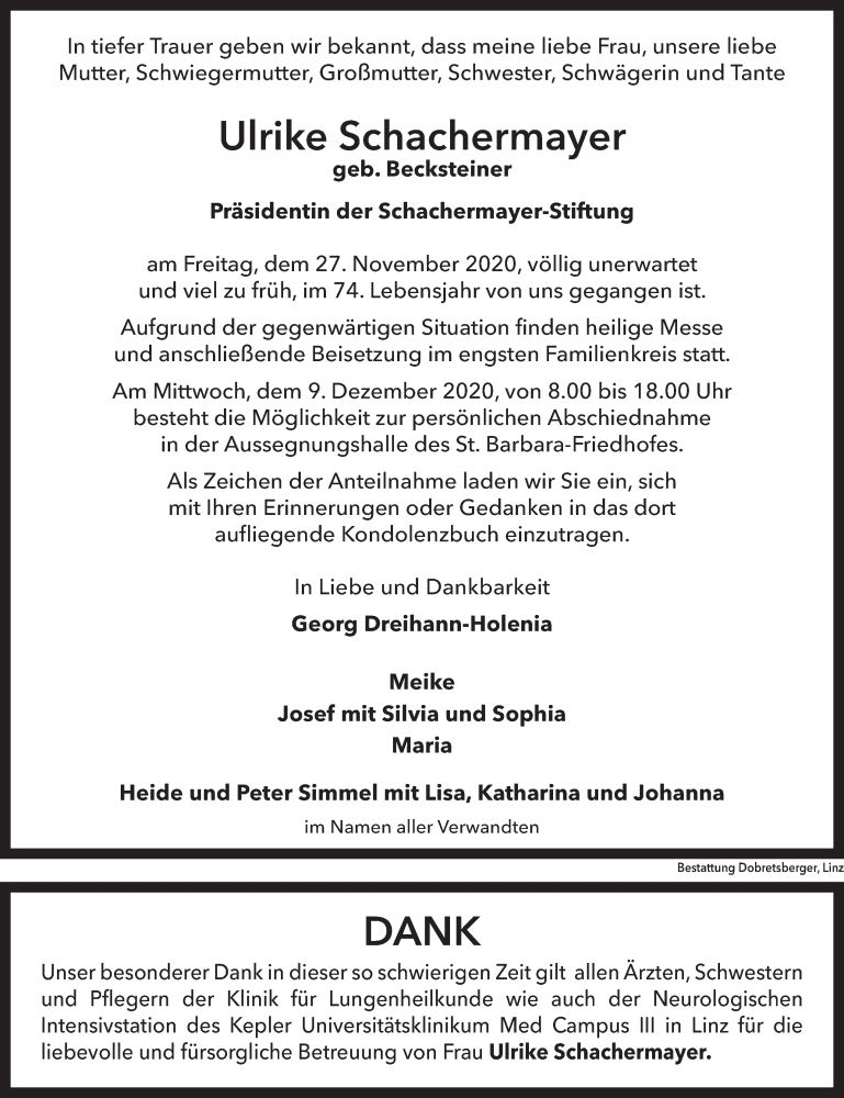  Traueranzeige für Ulrike Schachermayer vom 05.12.2020 aus OÖNachrichten