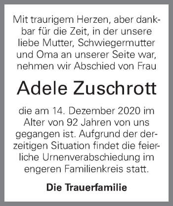 Traueranzeige von Adele Zuschrott von OÖNachrichten