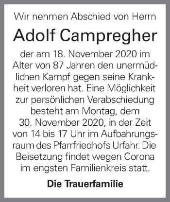 Traueranzeige von Adolf Campregher von OÖNachrichten