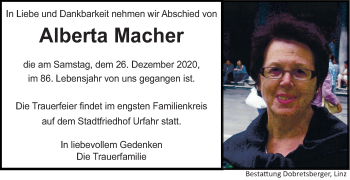 Traueranzeige von Alberta Macher von OÖNachrichten
