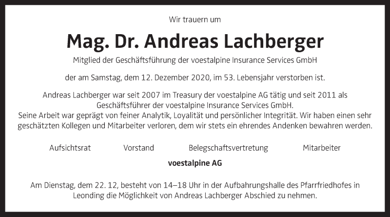 Traueranzeige für Andreas Lachberger vom 19.12.2020 aus OÖNachrichten
