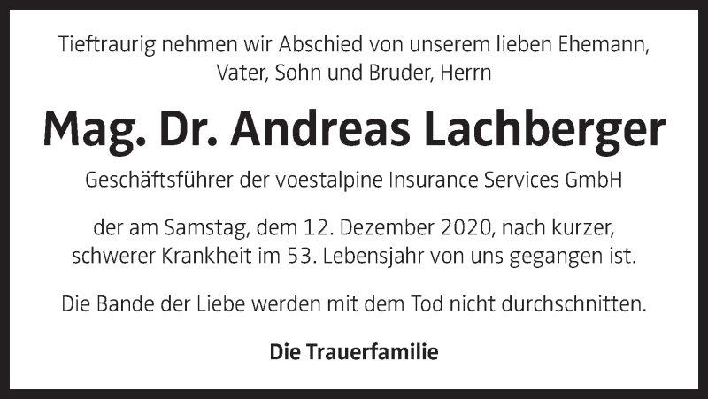  Traueranzeige für Andreas Lachberger vom 19.12.2020 aus OÖNachrichten