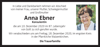 Traueranzeige von Anna Ebner von OÖNachrichten
