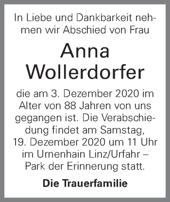 Traueranzeige von Anna Wollerdorfer von OÖNachrichten
