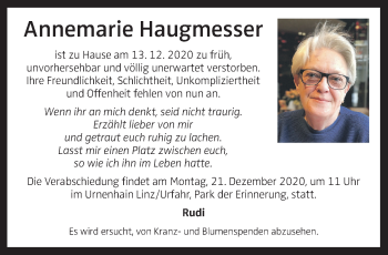 Traueranzeige von Annemarie Haugmesser von OÖNachrichten