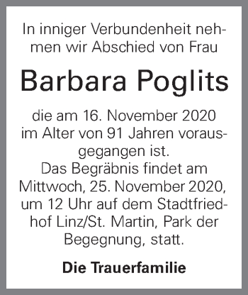 Traueranzeige von Barbara Poglits von OÖNachrichten
