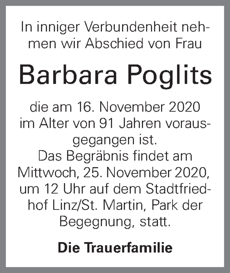  Traueranzeige für Barbara Poglits vom 23.11.2020 aus OÖNachrichten