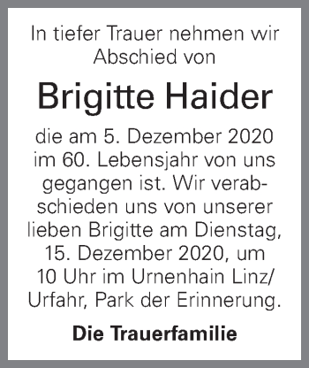 Traueranzeige von Brigitte Haider von OÖNachrichten