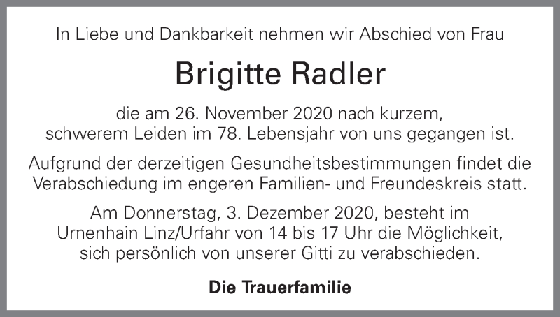  Traueranzeige für Brigitte Radler vom 01.12.2020 aus OÖNachrichten
