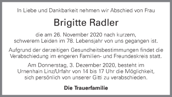 Traueranzeige von Brigitte Radler von OÖNachrichten