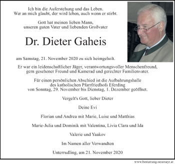 Traueranzeige von Dieter Gaheis von OÖNachrichten