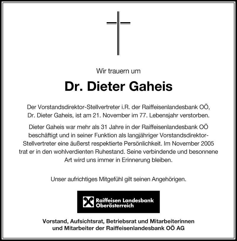  Traueranzeige für Dieter Gaheis vom 26.11.2020 aus OÖNachrichten