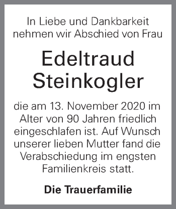 Traueranzeige von Edeltraud Steinkogler von OÖNachrichten