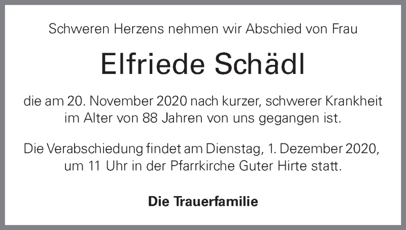  Traueranzeige für Elfriede Schädl vom 27.11.2020 aus OÖNachrichten