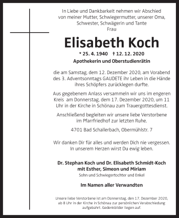 Traueranzeige von Elisabeth Koch von OÖNachrichten