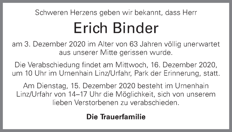  Traueranzeige für Erich Binder vom 11.12.2020 aus OÖNachrichten