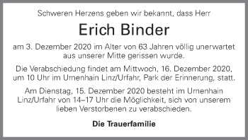 Traueranzeige von Erich Binder von OÖNachrichten