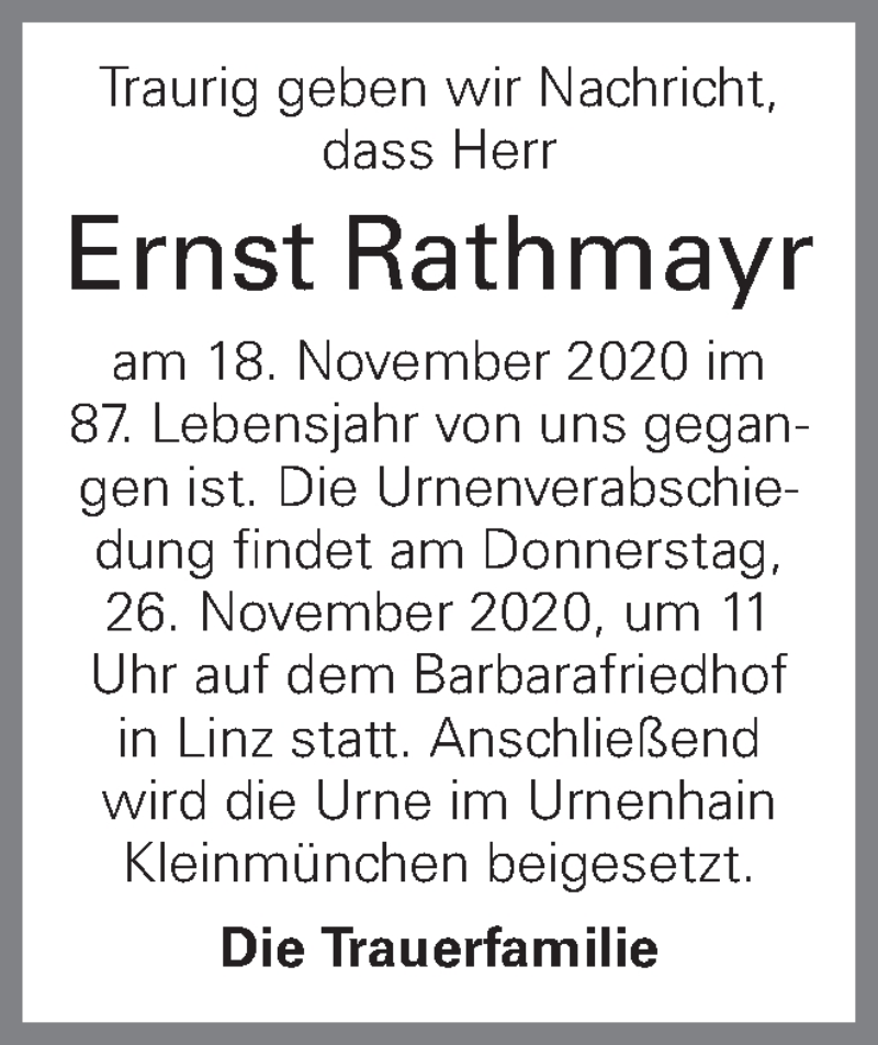  Traueranzeige für Ernst Rathmayr vom 20.11.2020 aus OÖNachrichten