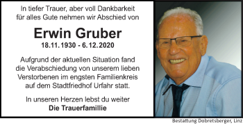 Traueranzeige von Erwin Gruber von OÖNachrichten