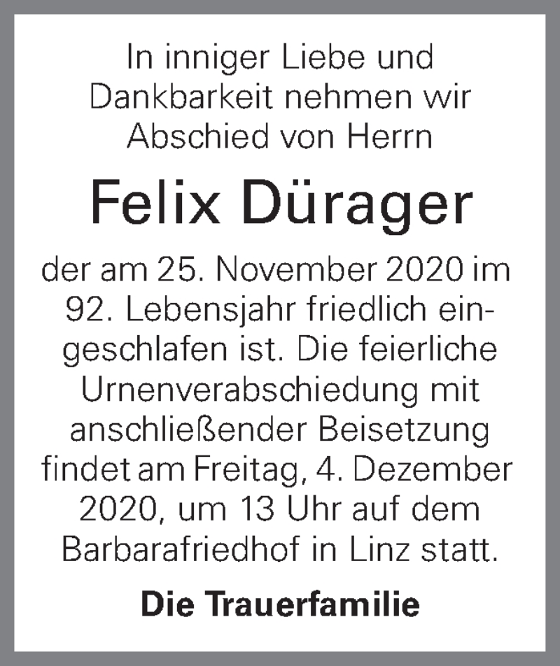  Traueranzeige für Felix Dürager vom 28.11.2020 aus OÖNachrichten