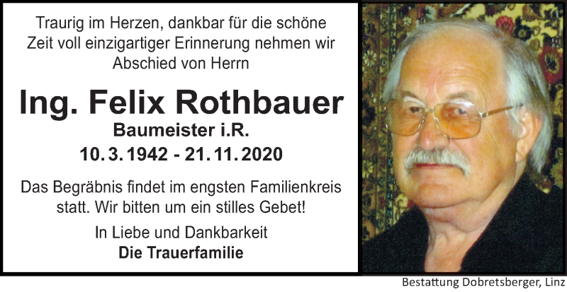  Traueranzeige für Felix Rothbauer vom 28.11.2020 aus OÖNachrichten