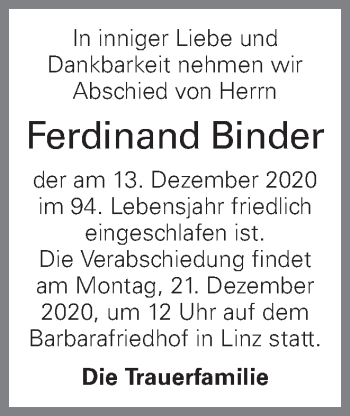 Traueranzeige von Ferdinand Binder von OÖNachrichten