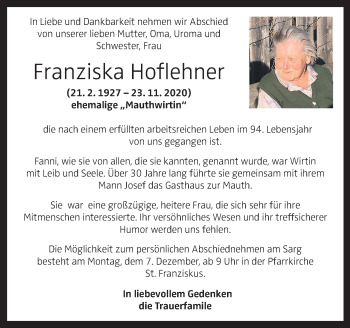 Traueranzeige von Franziska Hoflehner von OÖNachrichten