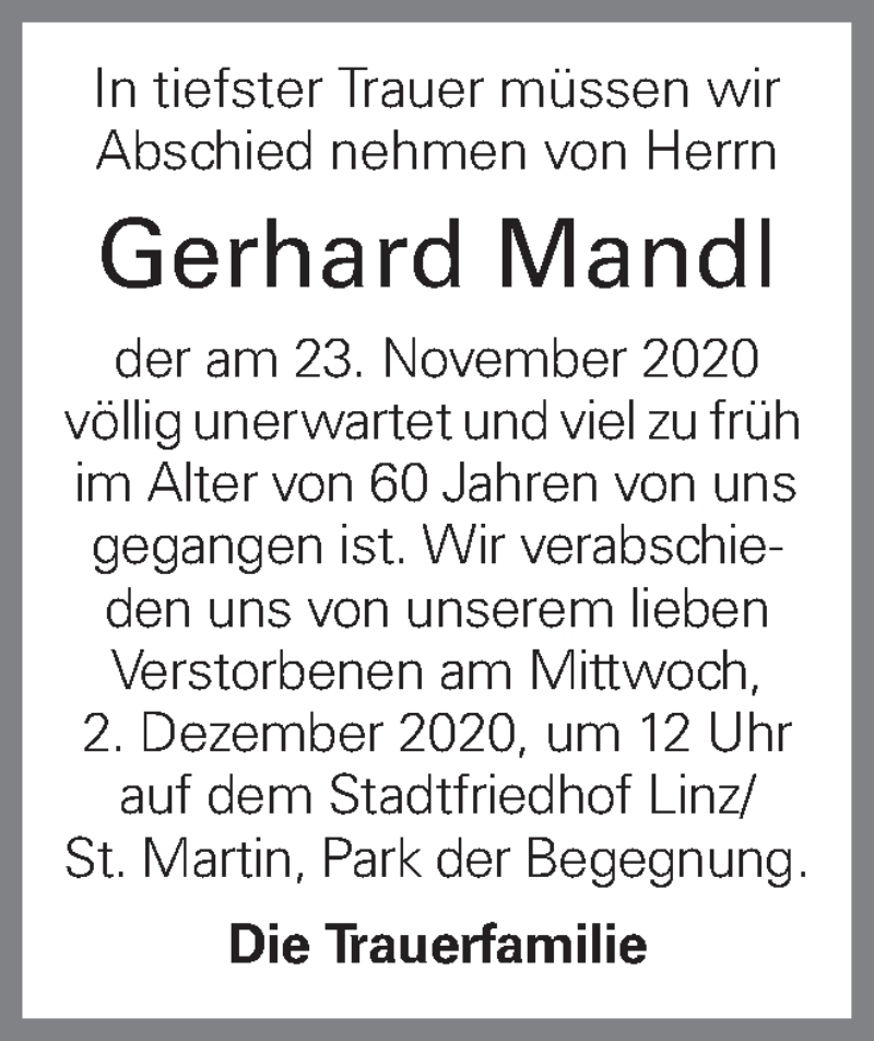  Traueranzeige für Gerhard Mandl vom 28.11.2020 aus OÖNachrichten
