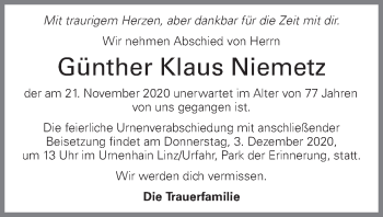 Traueranzeige von Günther Klaus Niemetz von OÖNachrichten