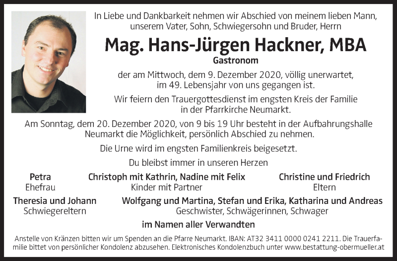  Traueranzeige für Hans-Jürgen Hackner vom 17.12.2020 aus OÖNachrichten