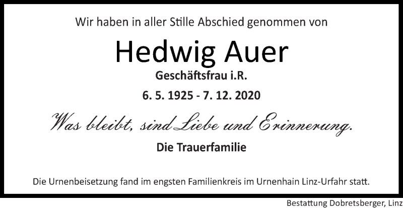  Traueranzeige für Hedwig Auer vom 09.01.2021 aus OÖNachrichten