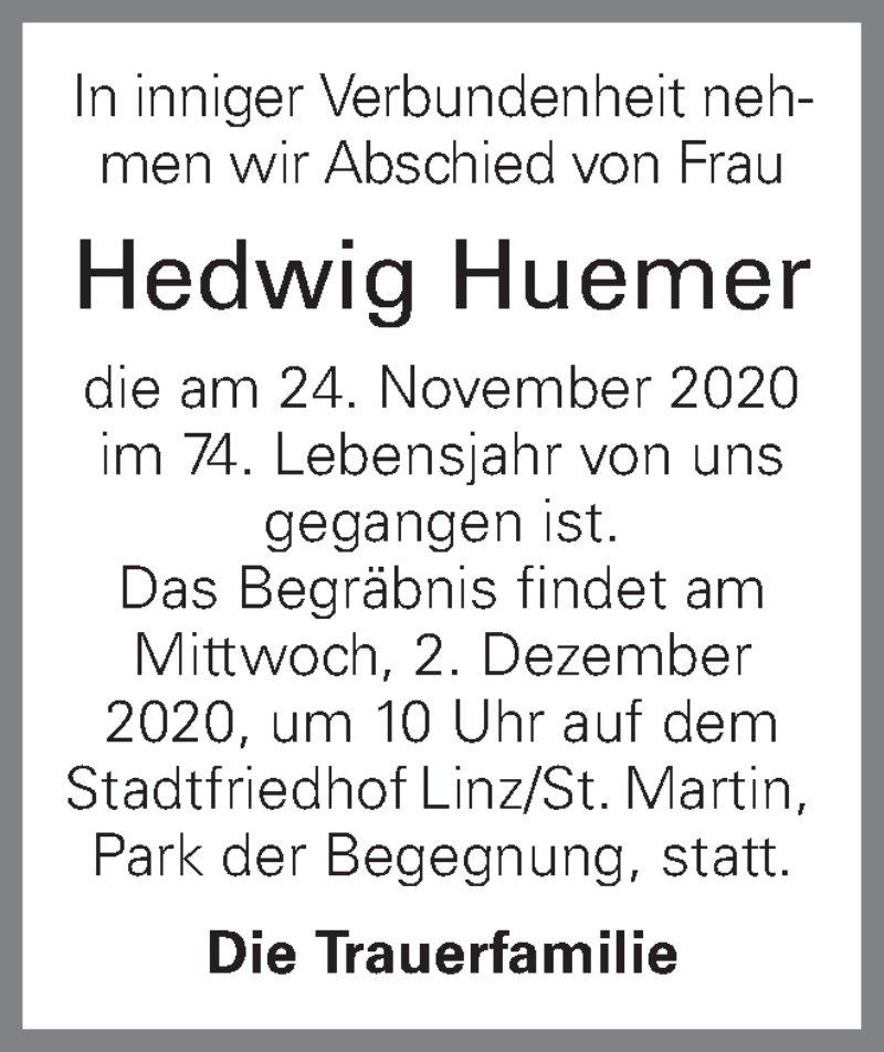  Traueranzeige für Hedwig Huemer vom 28.11.2020 aus OÖNachrichten