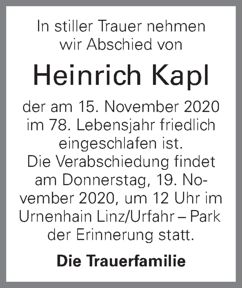  Traueranzeige für Heinrich Kapl vom 18.11.2020 aus OÖNachrichten