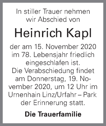 Traueranzeige von Heinrich Kapl von OÖNachrichten