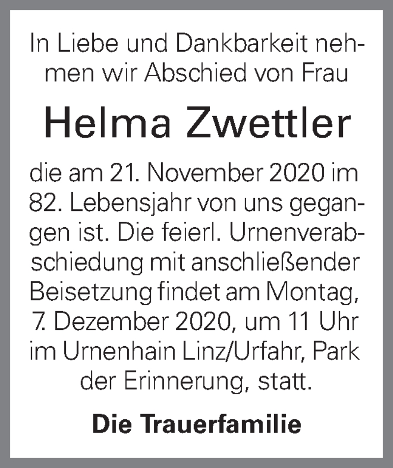  Traueranzeige für Helma Zwettler vom 28.11.2020 aus OÖNachrichten