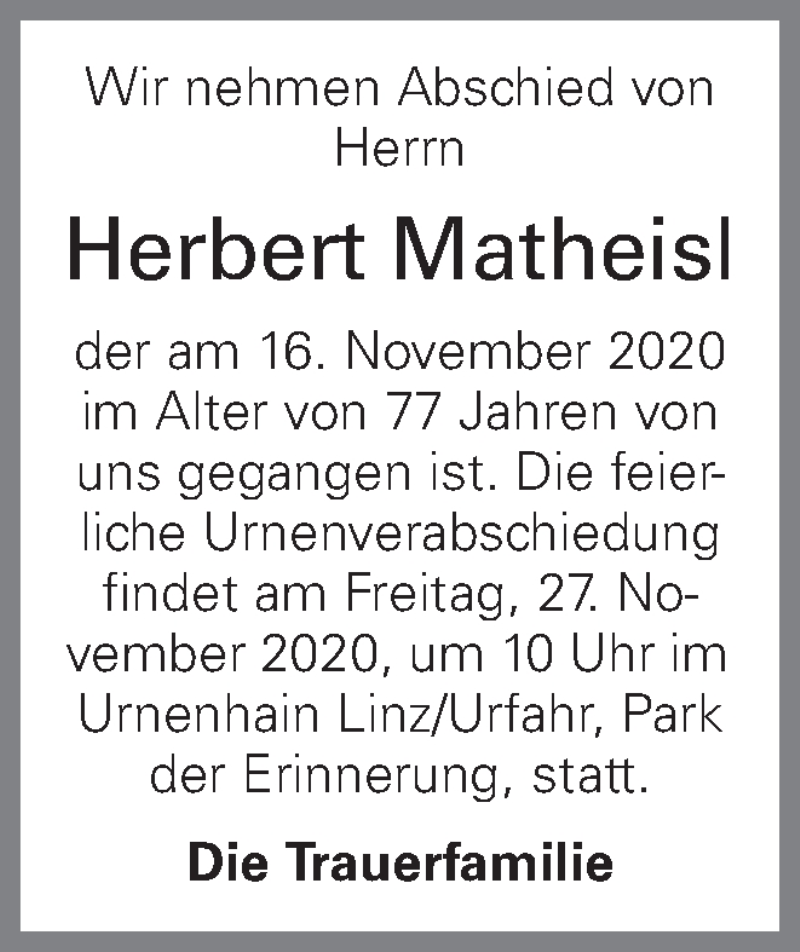  Traueranzeige für Herbert Matheisl vom 21.11.2020 aus OÖNachrichten