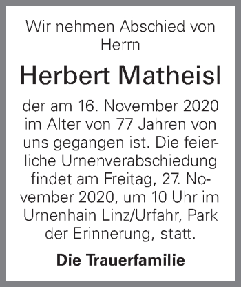 Traueranzeige von Herbert Matheisl von OÖNachrichten