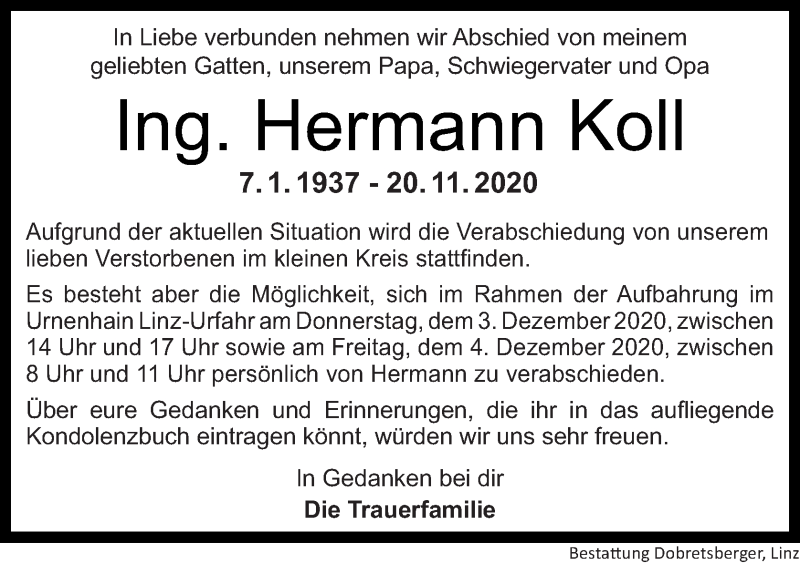  Traueranzeige für Hermann Koll vom 28.11.2020 aus OÖNachrichten