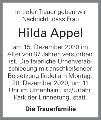 Traueranzeige von Hilda Appel von OÖNachrichten
